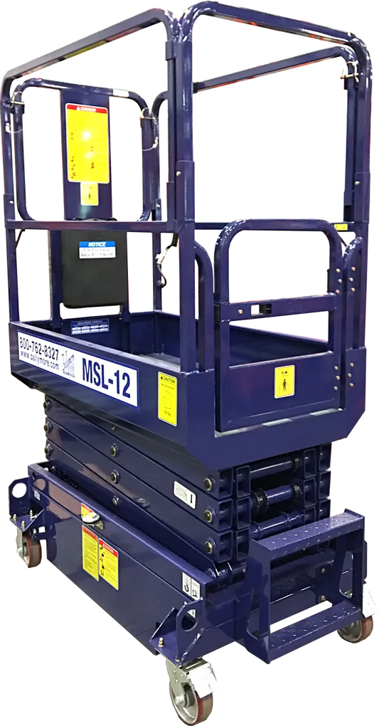 Ballymore compact Scissor Lift in dark blue with safety railings and wheels for elevated work
