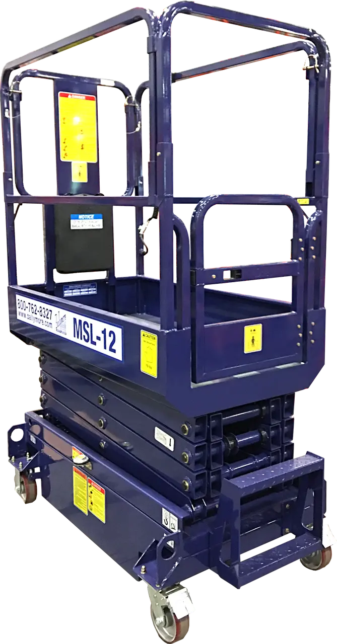 Ballymore compact Scissor Lift in dark blue with safety railings and wheels for elevated work