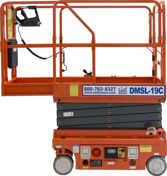 Ballymore drivable compact scissor lift in orange designed for elevated work access