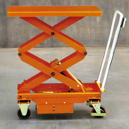 Orange Major Lift scissor lift table with handle and wheels for easy material lifting and transport