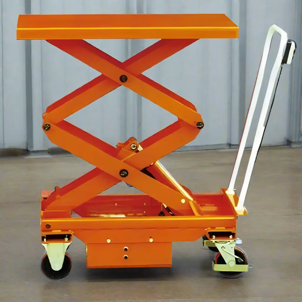 Orange Major Lift scissor lift table with wheels and handle for easy transport and lifting