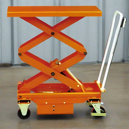 Orange Major Lift scissor lift table with wheels and handle for easy transport and lifting