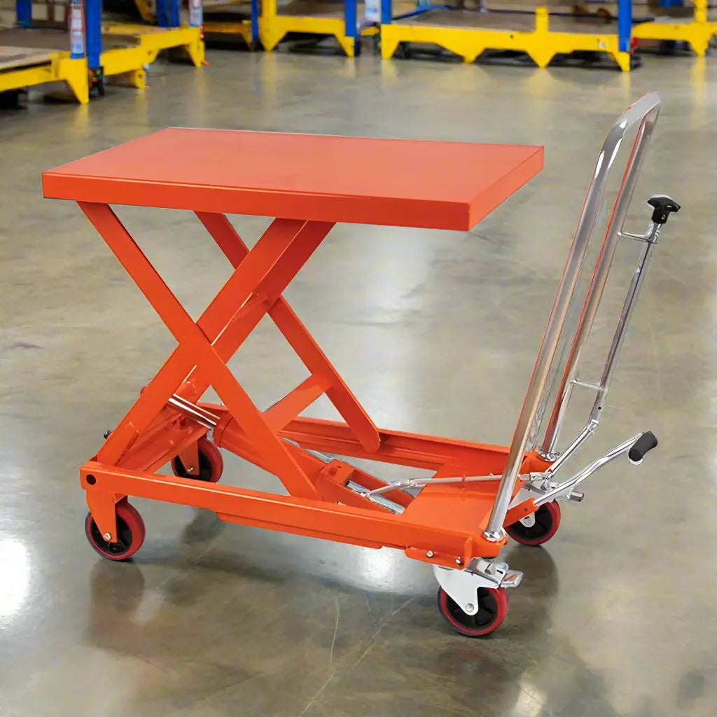 Major Lift orange scissor lift table with handle and caster wheels for easy mobility in industrial setting