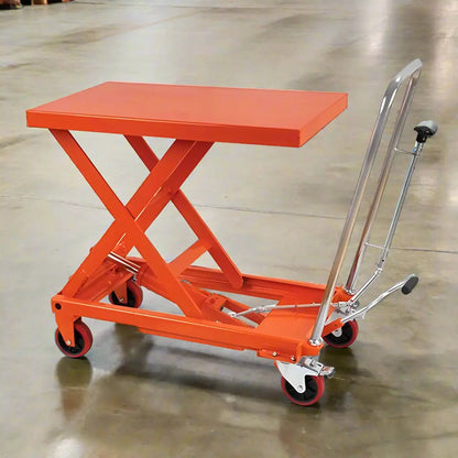 Major Lift orange scissor lift table with wheels and handle for easy material handling