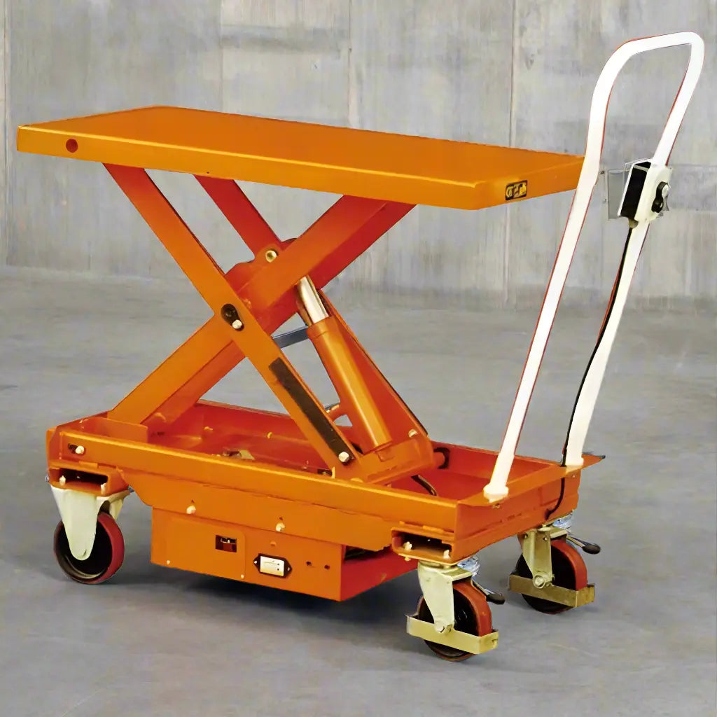 Major Lift orange scissor lift table with white handle and wheels for material handling