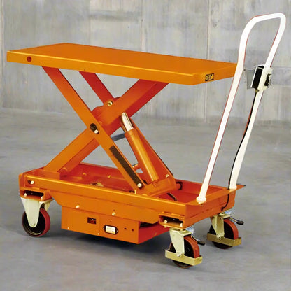 Major Lift orange scissor lift table with white handle and wheels for material handling