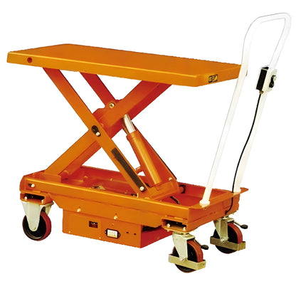 Major Lift orange scissor lift table with hydraulic mechanism and white handle for lifting heavy items