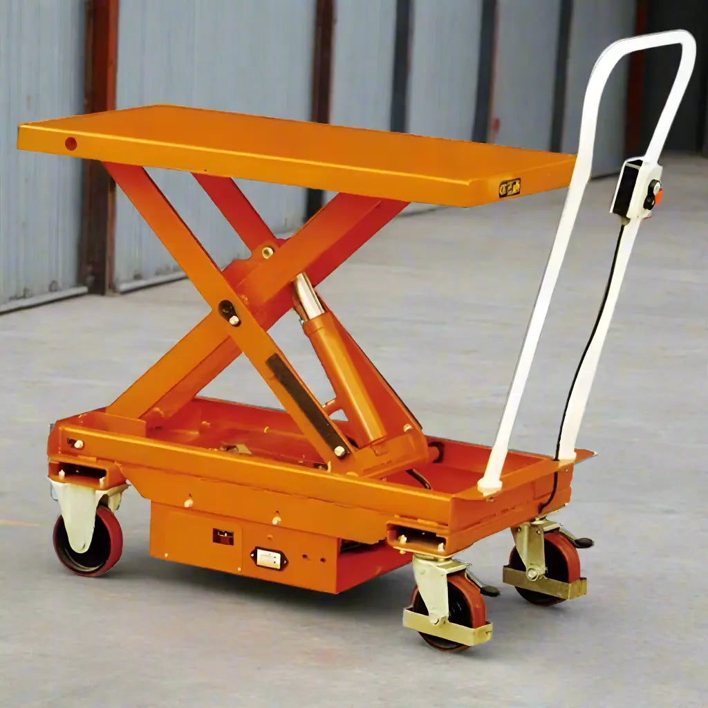 Major Lift orange scissor lift table with hydraulic system and wheels for easy mobility