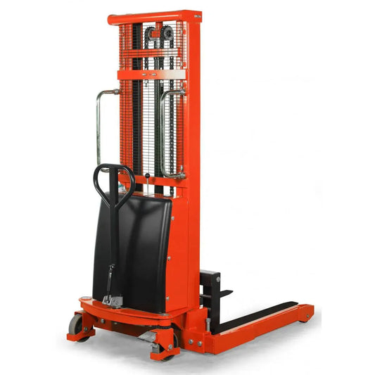 Ballymore orange semi-electric pallet stacker with black handle and safety guards for lifting pallets