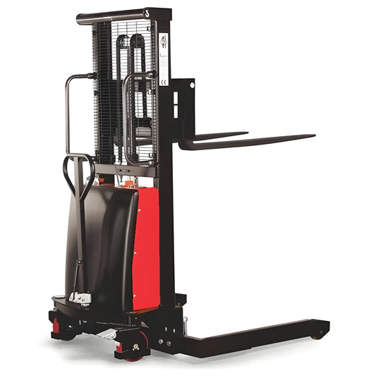 Major Lift semi-electric pallet stacker with black and red frame for efficient pallet handling
