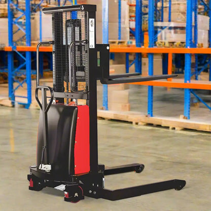 Major Lift semi-electric pallet stacker with black and red body in warehouse setting