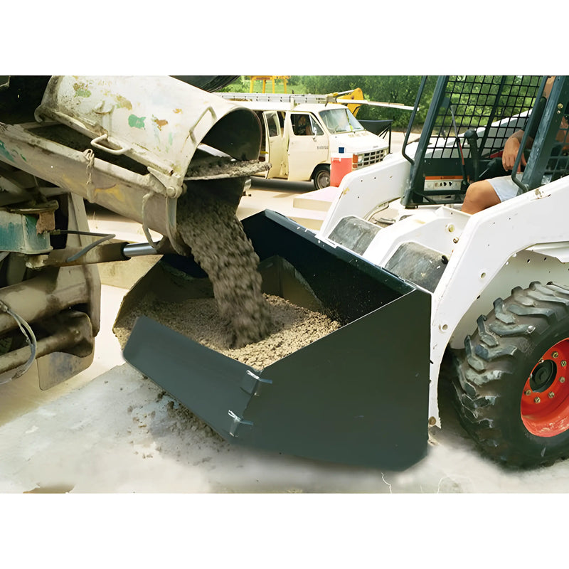 Star Industries 120 125 skid steer concrete bucket receiving wet concrete from mixer truck