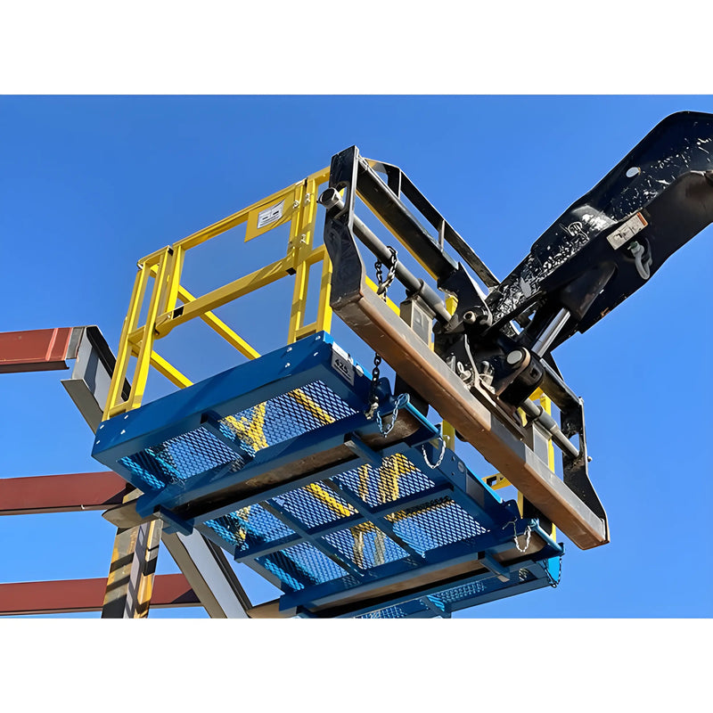 Star Industries 1204C yellow and blue industrial lifting platform attached to machinery arm