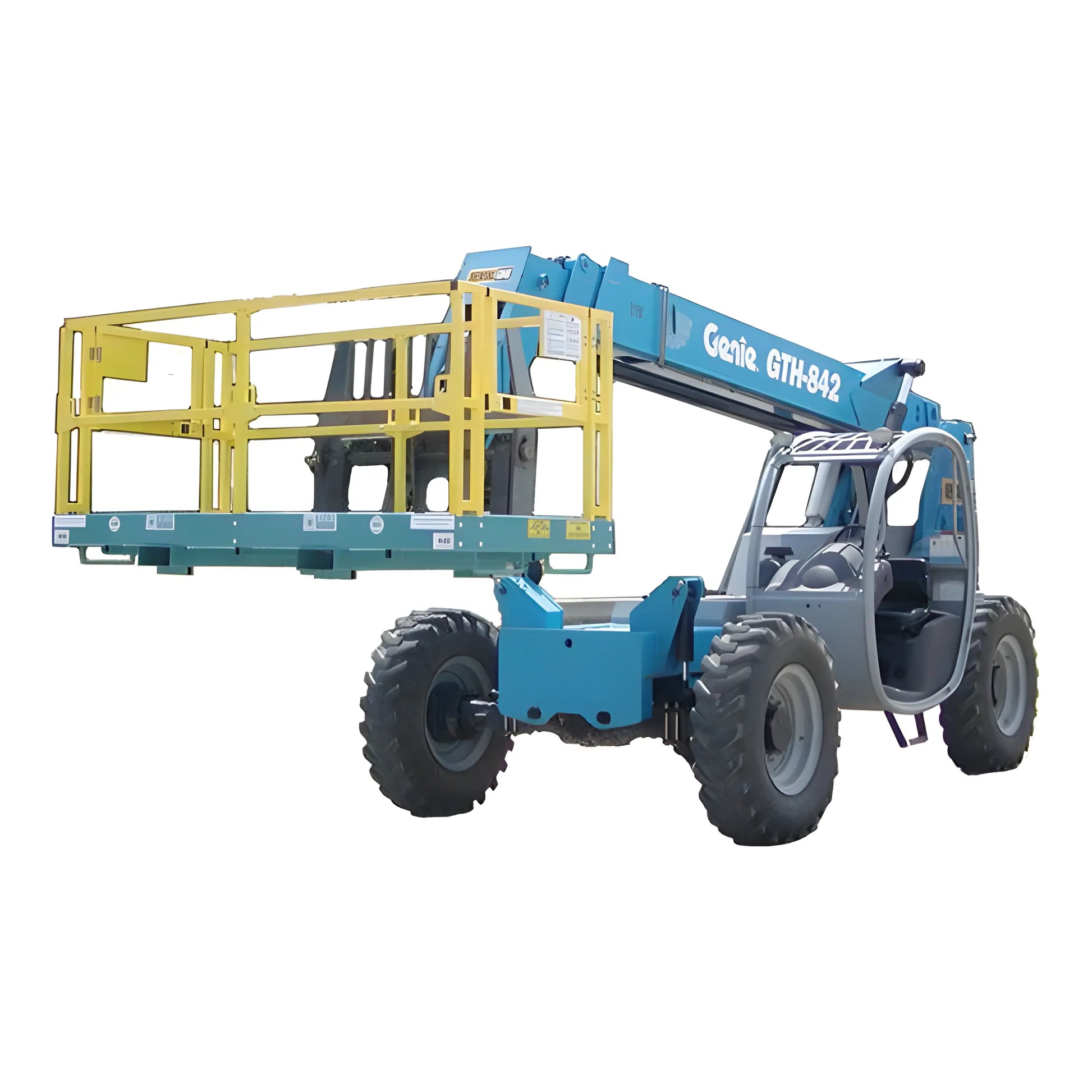 Star Industries 1204C blue and yellow industrial telescopic forklift with large tires and operator cabin