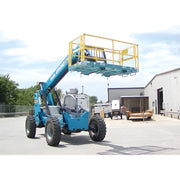 Star Industries 1204C blue telescopic boom lift with yellow safety platform in outdoor industrial setting