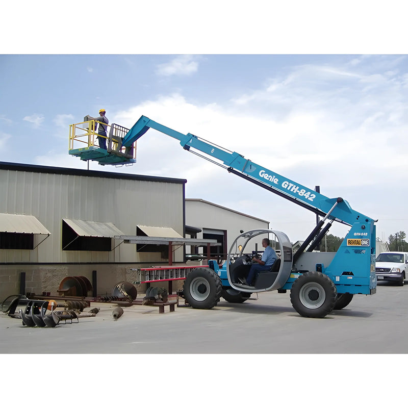 Star Industries 1204C blue telescopic forklift lifting workers on platform by warehouse