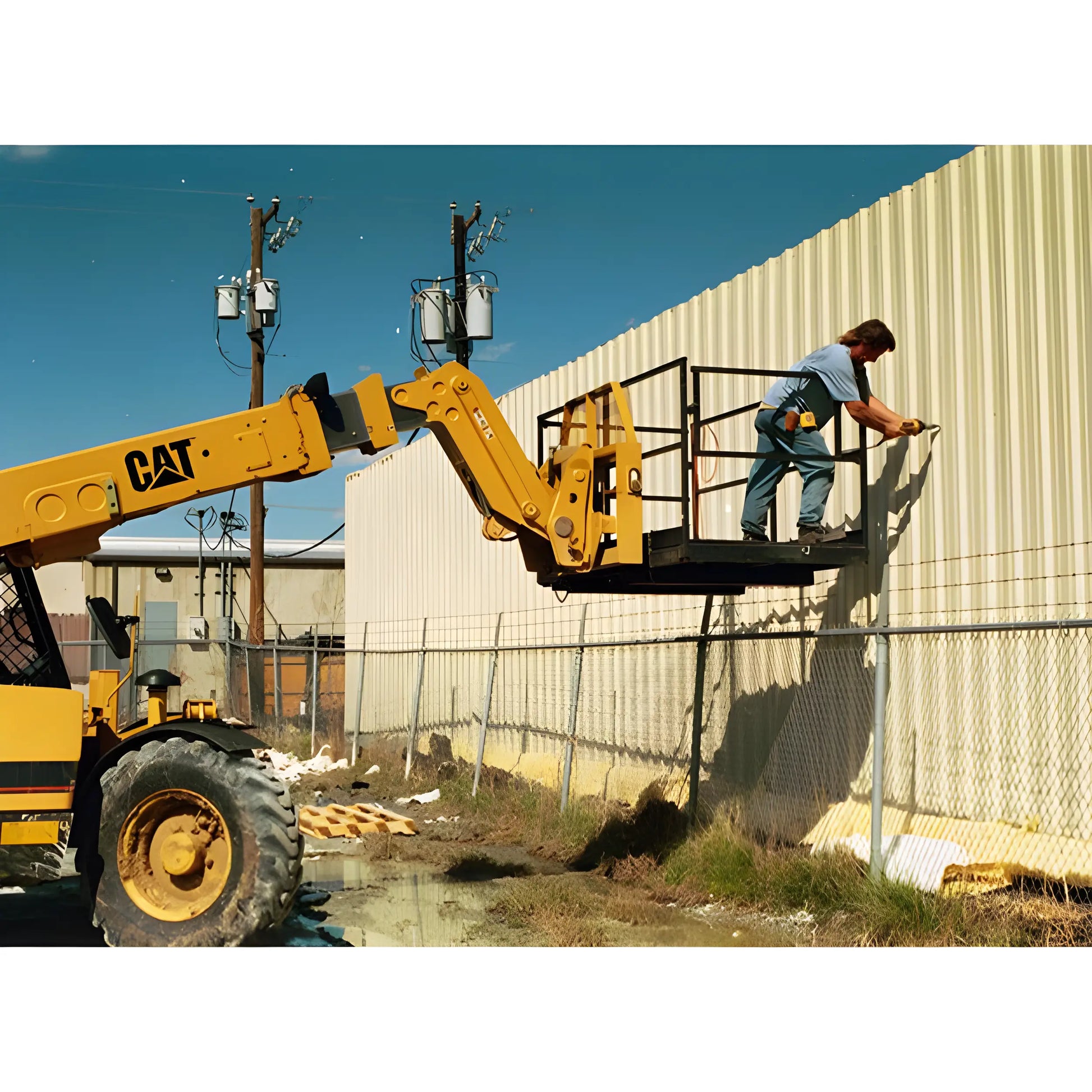 Star Industries 1206C aerial work platform lift with worker performing maintenance on building exterior