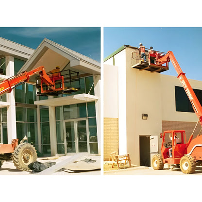 Star Industries 1206C telescopic boom lift in use for construction and building maintenance with workers operating the platform