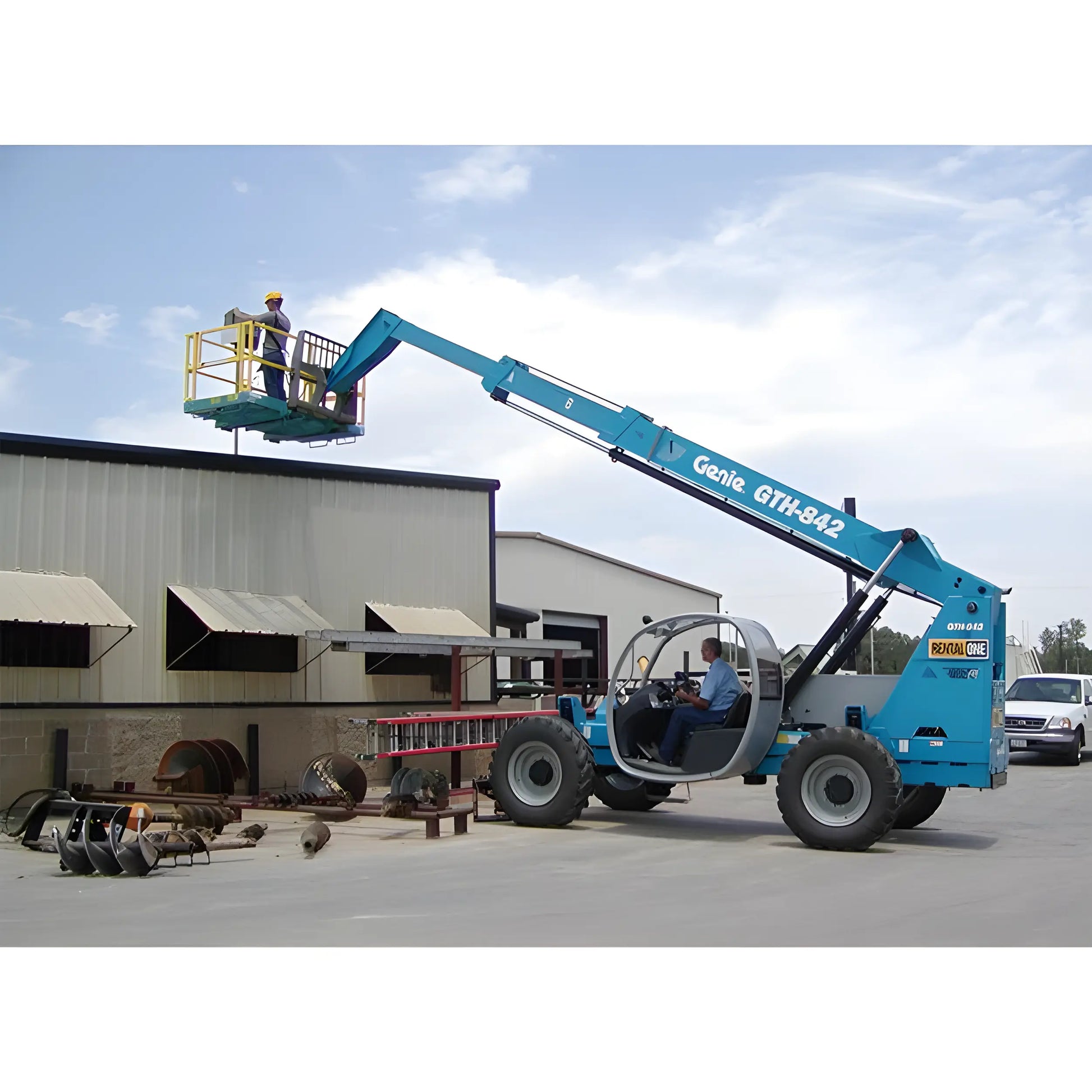 Star Industries 1206C blue Genie GTH-842 telescopic forklift lifting workers to building roof