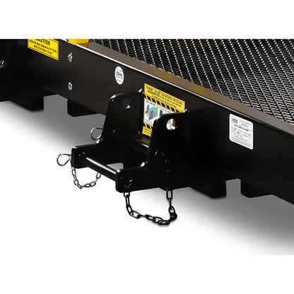 Close-up of Star Industries 1208C heavy-duty trailer hitch with safety chains and warning labels