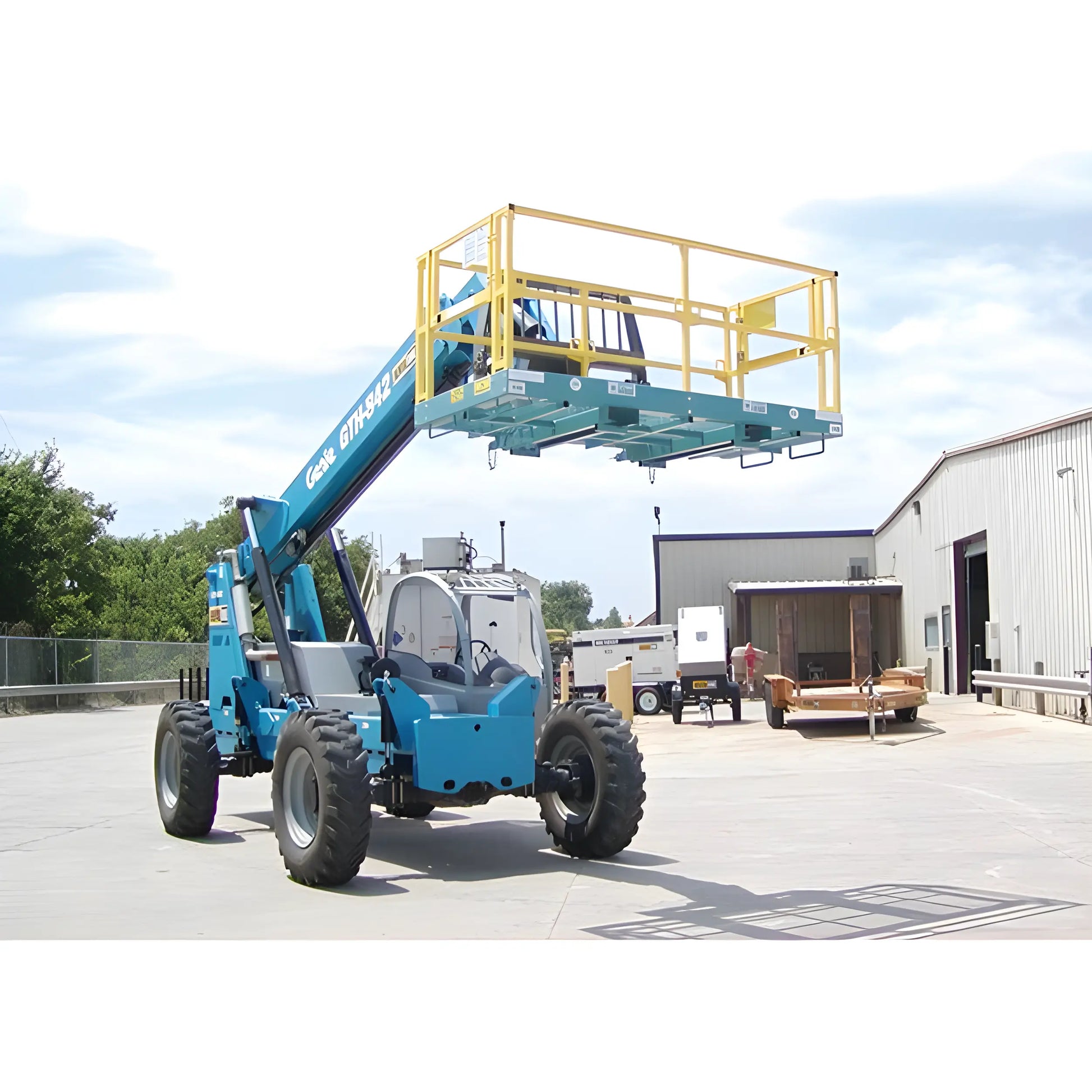 Star Industries 1208C blue telescopic boom lift with yellow platform at construction site