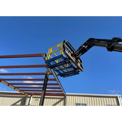 Star Industries 1208C aerial work platform lift with yellow and blue safety cage on construction site