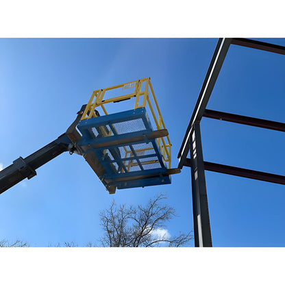 Star Industries 1208C aerial work platform with yellow guardrails and blue base extended near steel framework