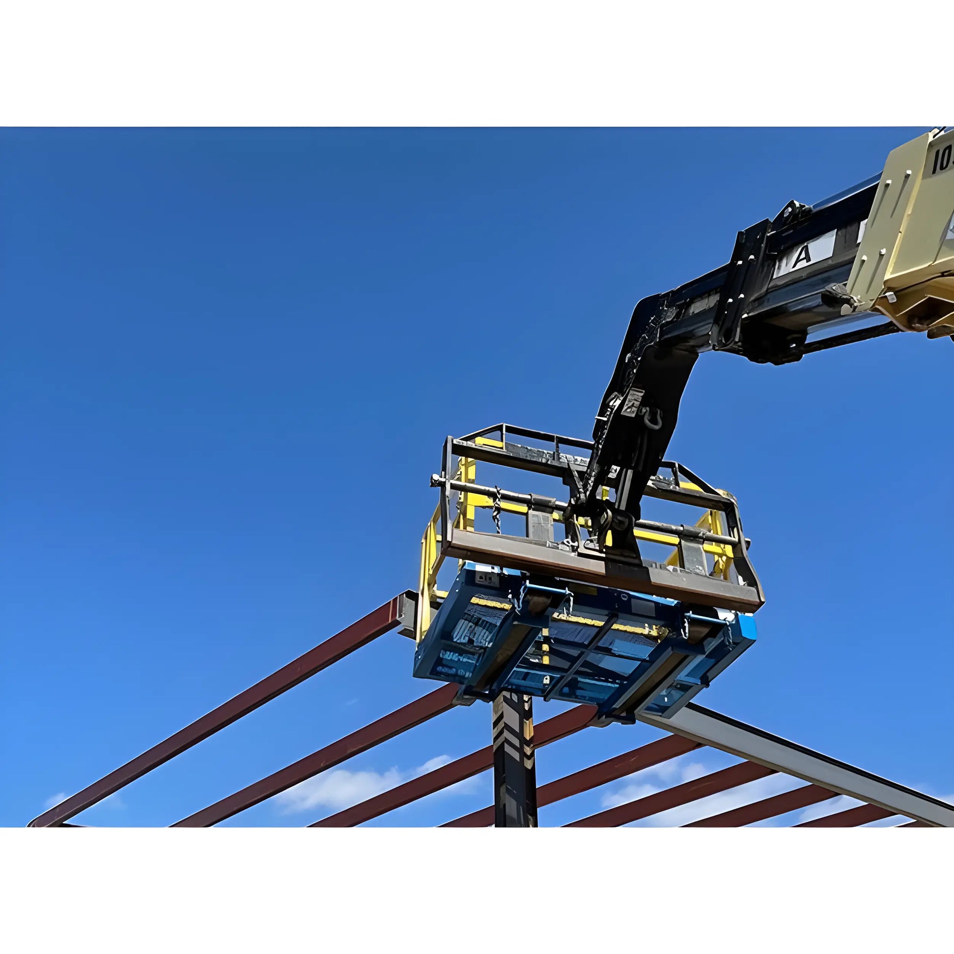 Star Industries 1208C hydraulic lift platform attached to machinery lifting metal beams against clear blue sky