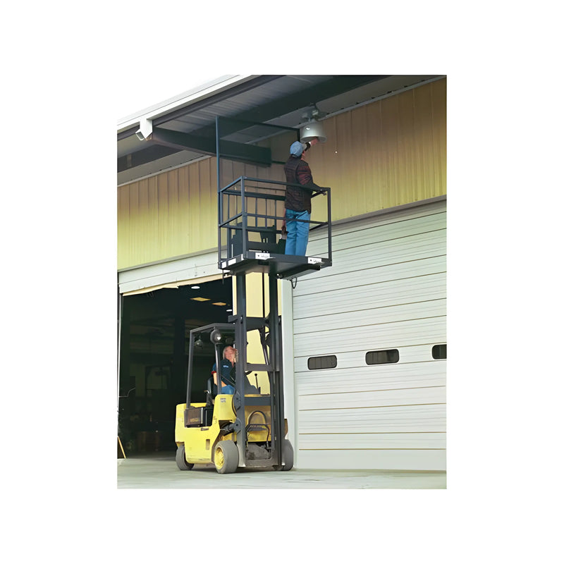Yellow forklift lifting a worker on a platform fixing overhead lighting with Star Industries 1244B lift