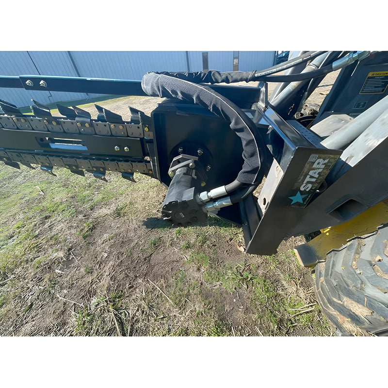 Star Industries 131-48C 131-48D 131-48R heavy-duty trencher attachment connected to skid steer loader