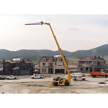 Star Industries 1320 yellow telescopic boom lift at construction site with houses and trucks in background