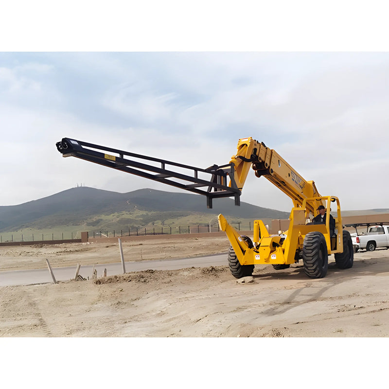 Yellow Star Industries 1325 telescopic handler lifting arm on construction site with hills in background