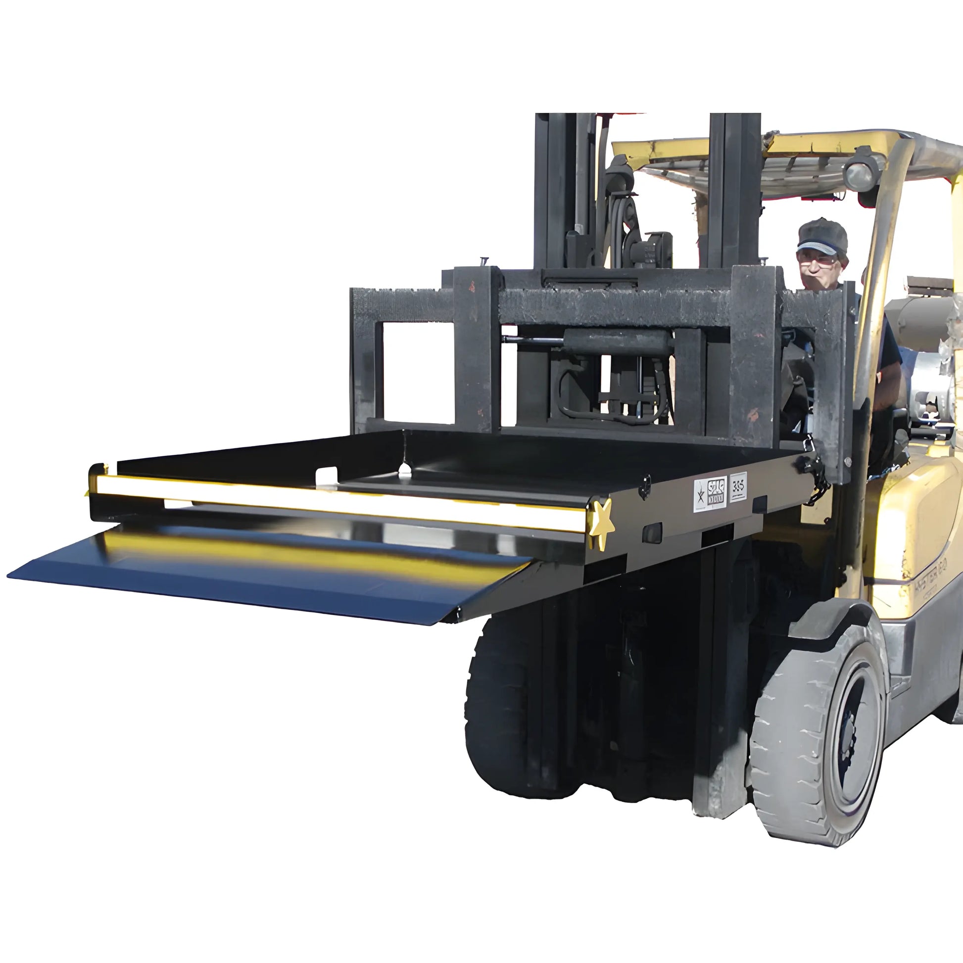 Star Industries 1385 1388 forklift attachment lifting platform in use on a yellow forklift