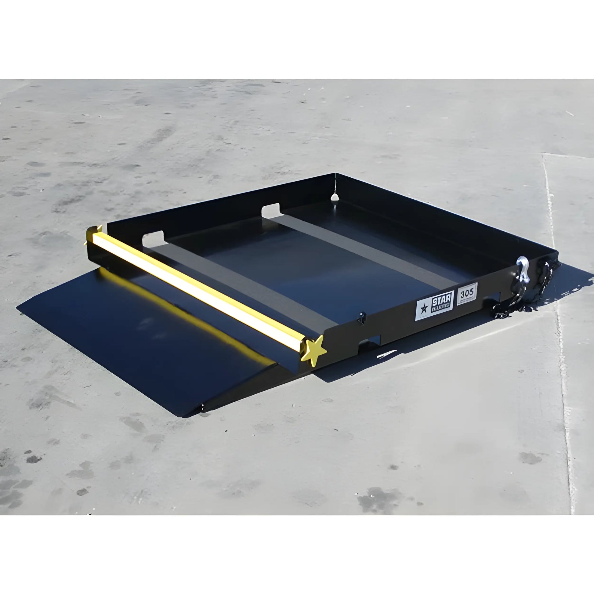 Star Industries 1385 1388 sturdy black metal loading dock ramp with yellow safety edge and side cutouts