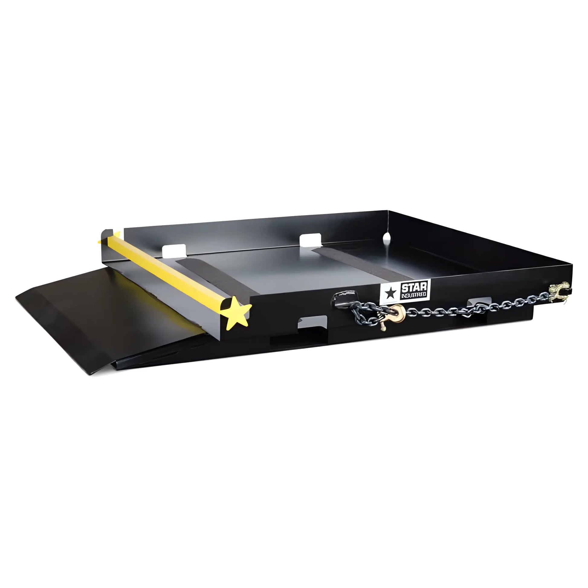 Star Industries 1385 1388 black steel loading dock plate with safety chain and yellow edge