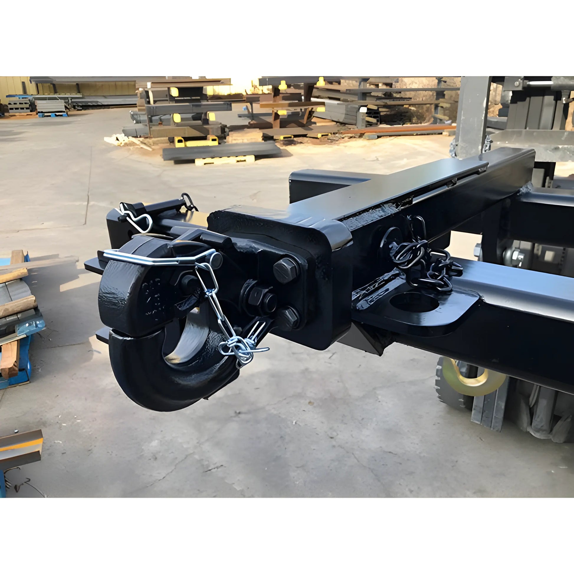 Close-up of Star Industries 1390B heavy-duty black metal hitch attachment with locking pins