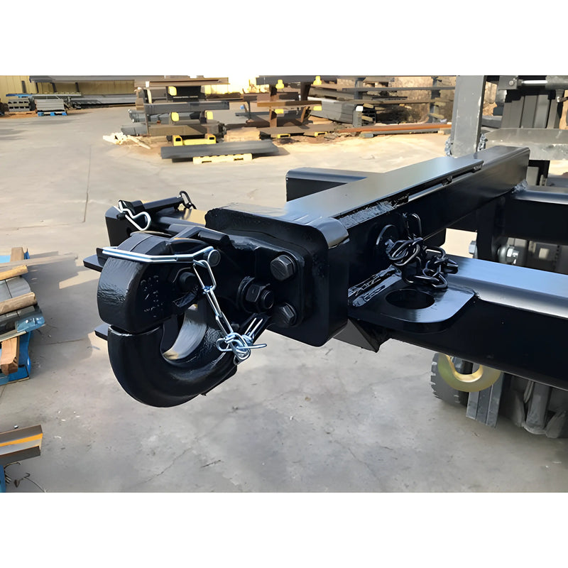 Close-up of Star Industries 1390B heavy-duty black metal hitch attachment with locking pins