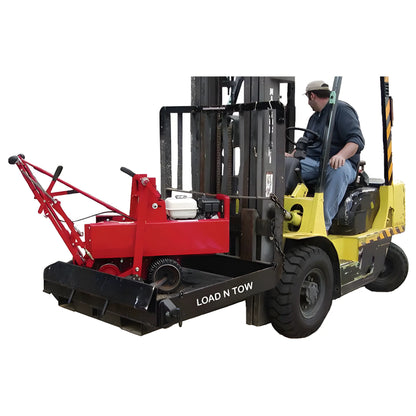 Star Industries 1398 red hydraulic equipment attached to yellow forklift with operator