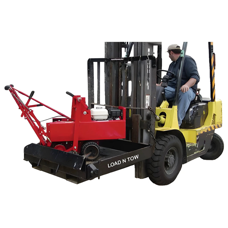 Star Industries 1398 red hydraulic equipment attached to yellow forklift with operator