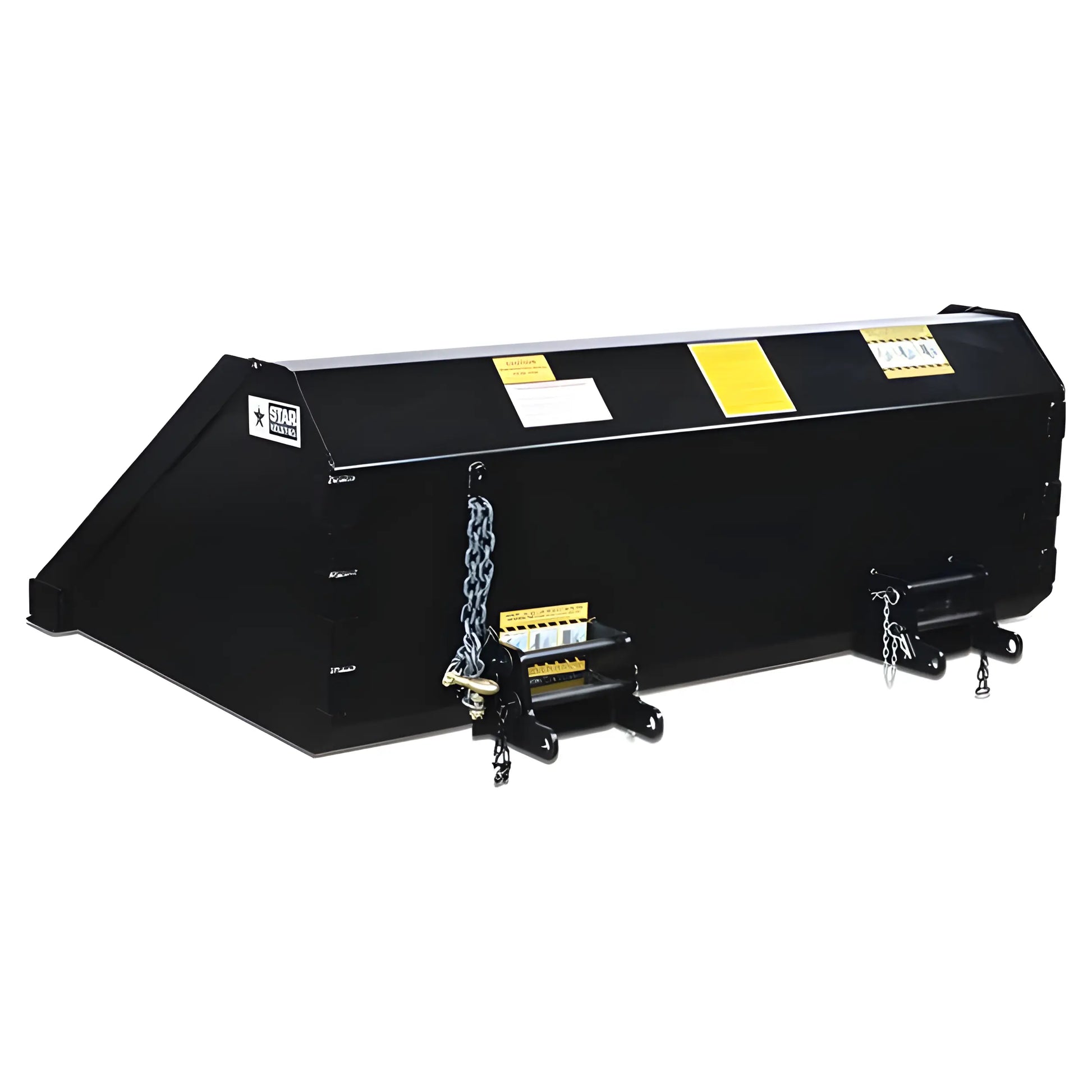 Star Industries 1408B heavy-duty black steel dock leveler with chains and safety labels