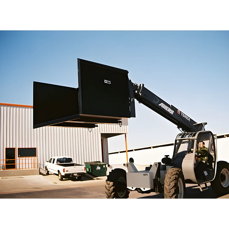 Star Industries 1420 1425 1430 heavy-duty forklift lifting large black container outside warehouse