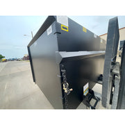 Black heavy-duty industrial dumpster container from Star Industries 1420 1425 1430 series on forklift