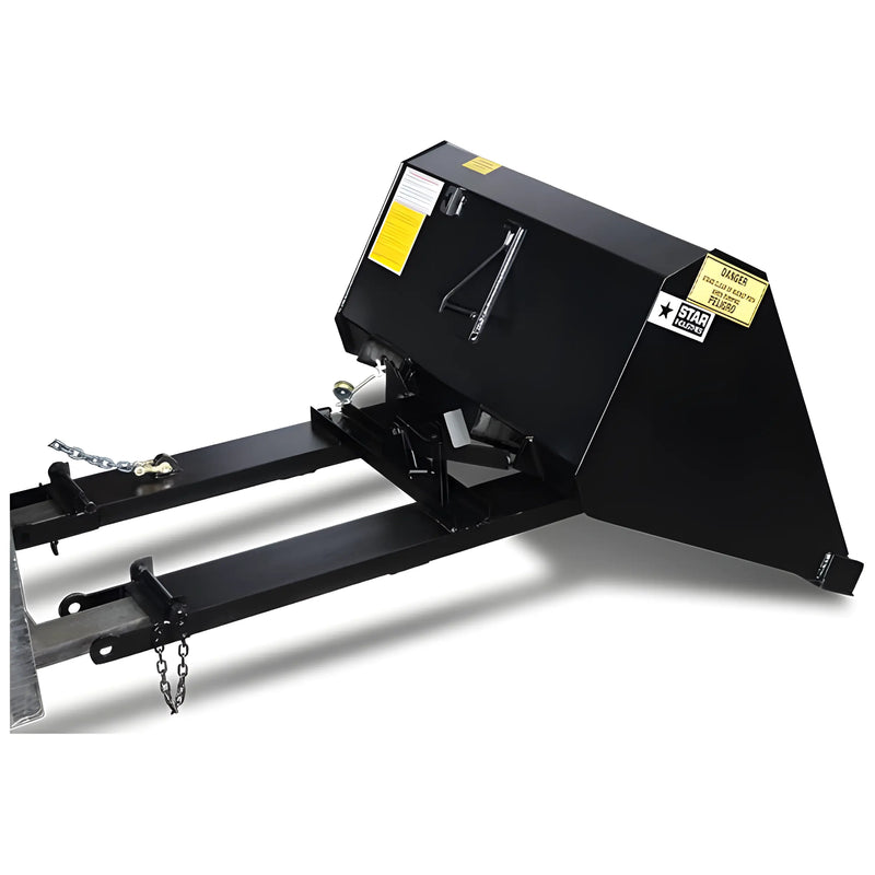 Star Industries 1440SD black heavy-duty skid steer attachment with reinforced arms and safety labels