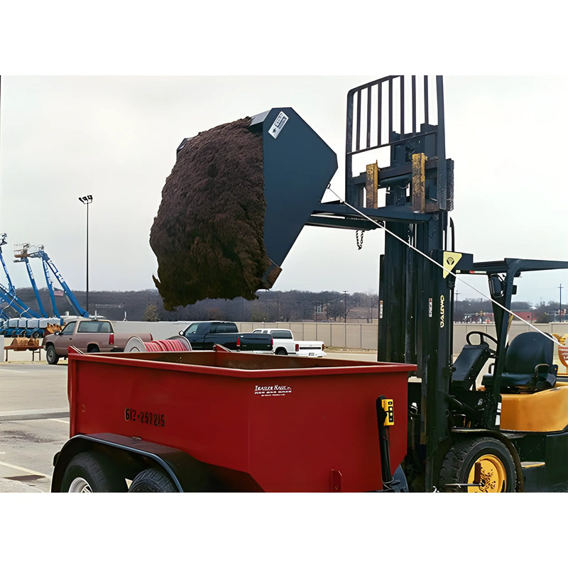 Star Industries 1440SD forklift attachment lifting soil into red trailer on industrial site
