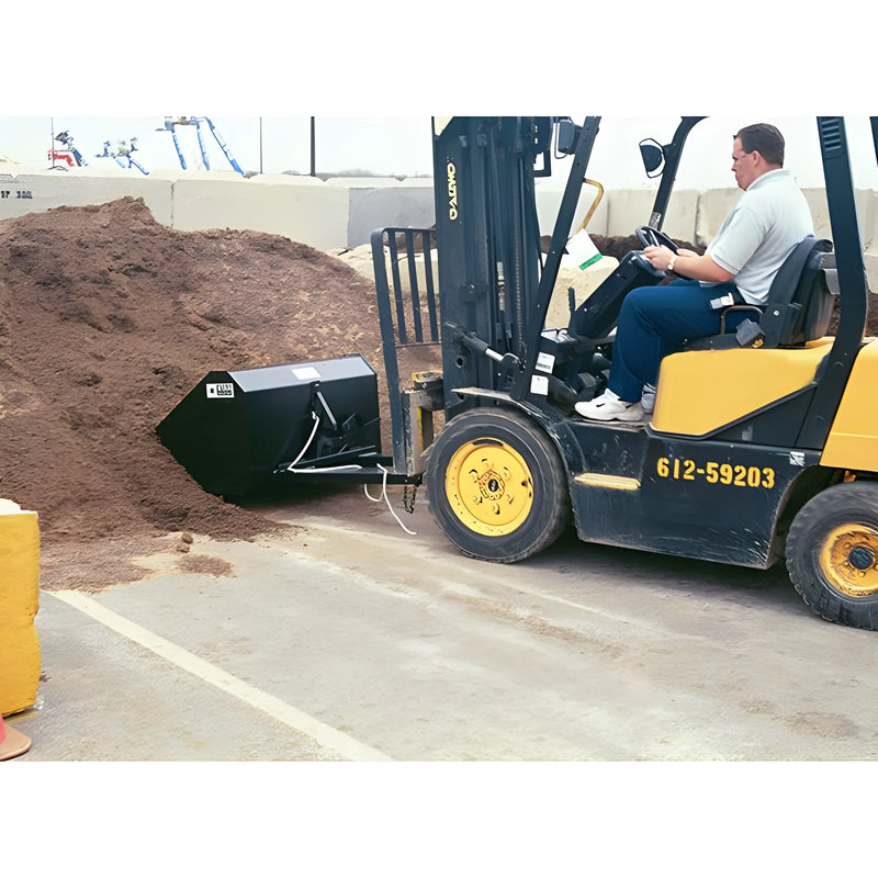 Forklift equipped with Star Industries 1440SD attachment moving a pile of soil in an industrial setting