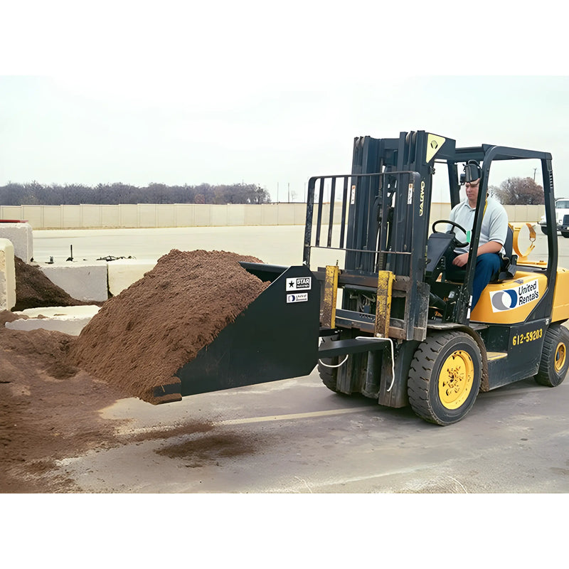 Star Industries 1440SD forklift attachment lifting a large pile of dirt on a construction site