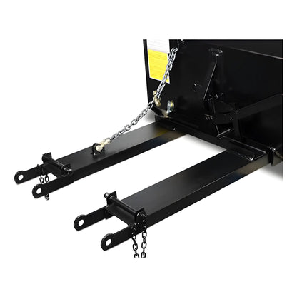 Close-up of Star Industries 1445SD-1 1445SDH self-dump bucket attachment with towing arms and safety chain