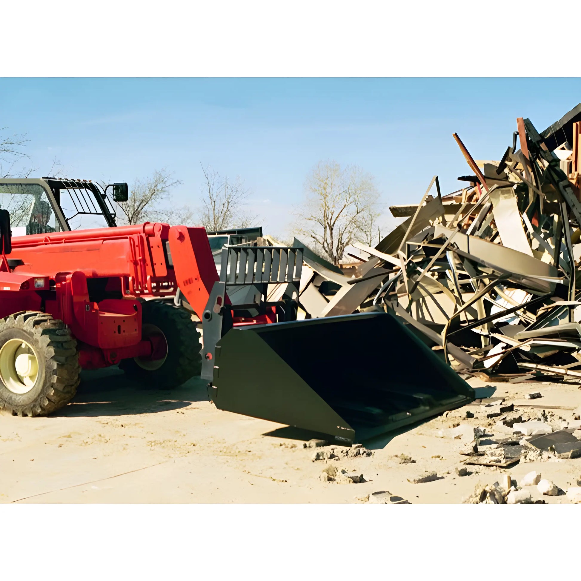 Red heavy-duty loader bucket attachment lifting debris with Star Industries 1496 model outdoors