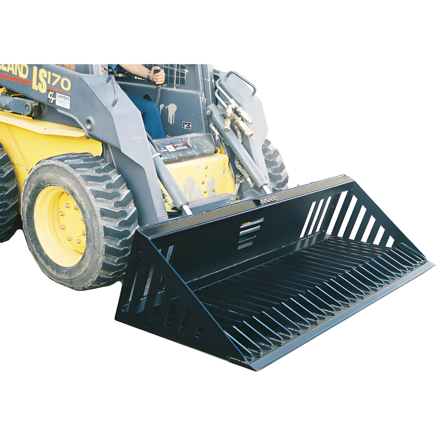 Star Industries 150-66 150-72 150-84 skid steer rock bucket attachment on yellow loader