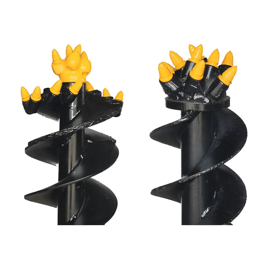 Close-up image of Star Industries 160A-R6 black drill bits with yellow carbide teeth for heavy-duty drilling